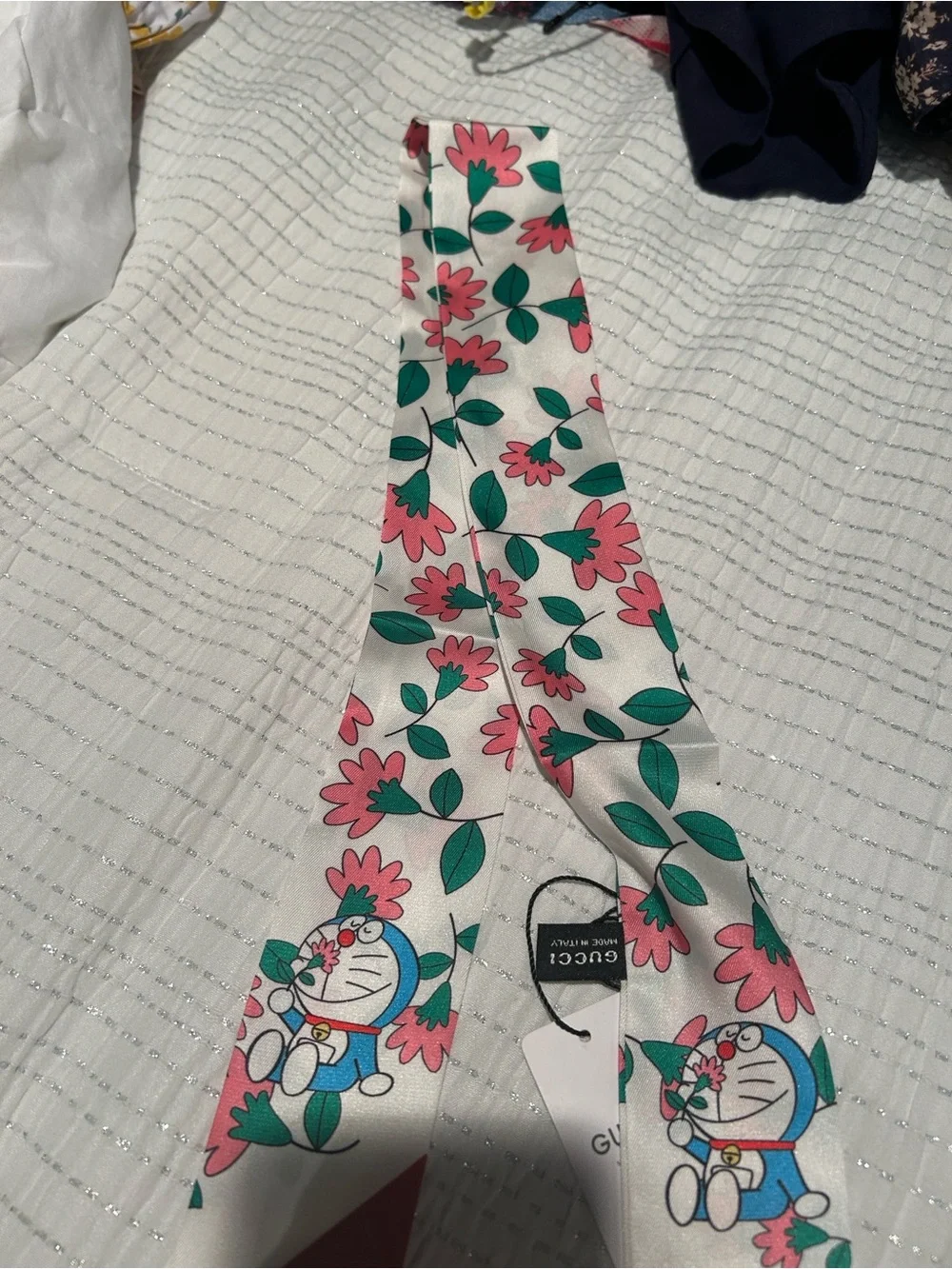 Gucci Cream Silk Twilly with Pink Flowers and Green Leaves